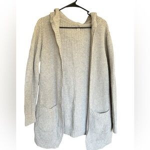 90s L.L. Bean Womens Large Waffle Knit Hooded Open Cardigan size Pet Small Gray